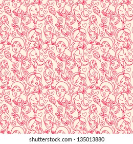 seamless pattern with doodles girls and  ice cream