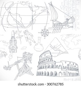 Seamless pattern of the doodles historic events isolated on white background