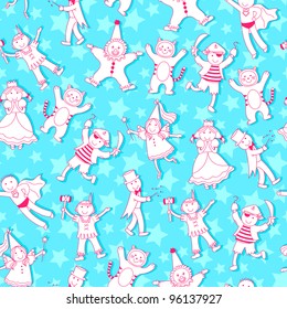 seamless pattern with doodles of kids wearing costumes