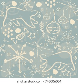 Seamless pattern with doodles on a blue background. Vector illustration.Winter Collection
