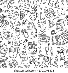 Seamless pattern with doodles on home theme