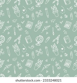 Seamless pattern with doodles on the theme of school. School supplies and creative elements. Vector illustration