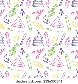 Seamless pattern with doodles on the theme of school. School supplies and creative elements. Vector illustration