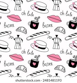 Seamless pattern of doodles on the theme of Paris, black line silhouettes with pink accents. Lips, baguette, coffee, hat, hands with a heart. Stylized and hand drawn.