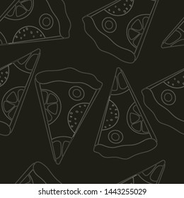 Seamless pattern. doodles pizza icons on the black background Vector pattern.