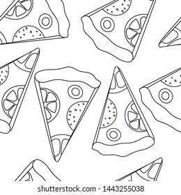 Seamless pattern. doodles pizza icons on the black background Vector pattern.