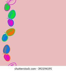 Seamless pattern, doodles, plums, leaves, fruits,  vertical, copy space . Hand drawn.