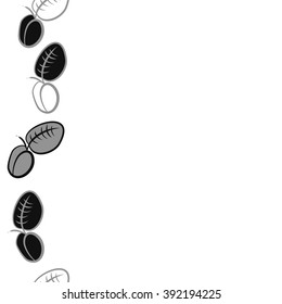 Seamless pattern, doodles, plums, leaves, fruits,  vertical, copy space . Hand drawn.