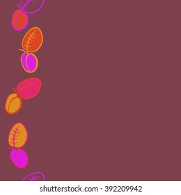 Seamless pattern, doodles, plums, leaves, fruits,  vertical, copy space . Hand drawn.