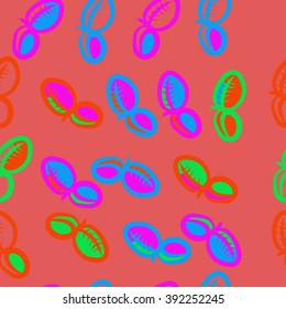 Seamless pattern, doodles, plums, leaves, fruits . Hand drawn.