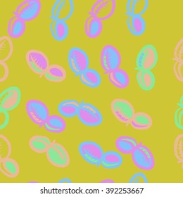 Seamless pattern, doodles, plums, leaves, fruits . Hand drawn.