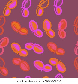 Seamless pattern, doodles, plums, leaves, fruits . Hand drawn.