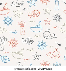 Seamless pattern with doodles representing summer, sea and relaxing on the beach. Can be used as a wallpaper - both in print or web.