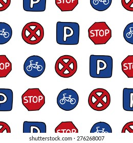 Seamless pattern of doodles road signs. Vector hand-drawn background in cartoon children style. 