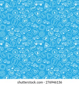 Seamless pattern of doodles road signs and cars. Vector blue and white background in cartoon style. Can be used for children wallpapers, web site background or wrapping paper.