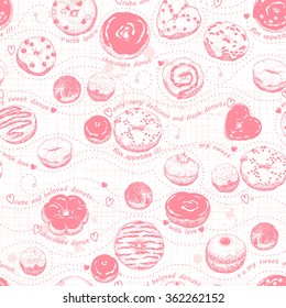 Patrón sin brillo de doodles pone los donuts de color rosa suave en el papel de textura antiguo, ilustración vectorial.