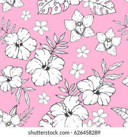 Seamless pattern with doodles and sketches of tropical leaves and flowers on pink 