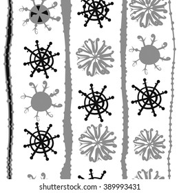 Seamless pattern, doodles,  snowflakes, spots, hole,vertical, stripes, copy space, winter theme. Hand drawn.