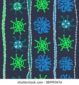 Seamless pattern, doodles,  snowflakes, spots, hole,vertical, stripes, copy space, winter theme. Hand drawn.