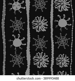 Seamless pattern, doodles,  snowflakes, spots, hole,vertical, stripes, copy space, winter theme. Hand drawn.