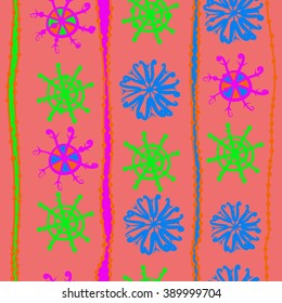 Seamless pattern, doodles,  snowflakes, spots, hole,vertical, stripes, copy space, winter theme. Hand drawn.