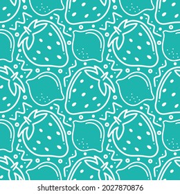 seamless pattern doodles of summer fruits, strawberry and lemon on green background