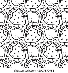 doodles de patrón sin fisuras de frutos de verano, fresa y limón sobre fondo blanco