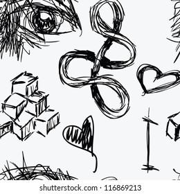 A seamless pattern of doodles that could eb found in an artist's sketchbook.