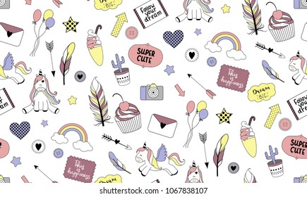 Seamless pattern with doodles - unicorns, ice cream, cupcake, rainbow, feathers etc. Vector illustration for your design.