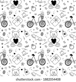 Seamless pattern of doodles for Valentine's day. Teddy Bear, gifts, flowers, hearts, bicycle, love symbol elements. Black and white romantic background. Graphics. Hand drawn vector illustration.