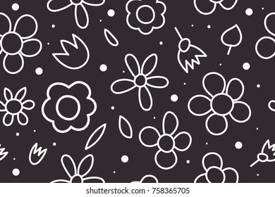 Seamless pattern doodles white daisy flowers on black background. Hipster summer banner, flyer, background with naive camomile. Vector illustration