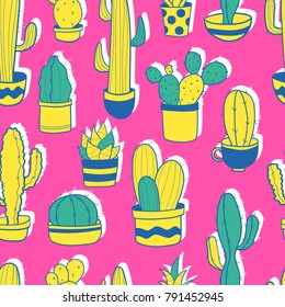 Seamless pattern with doodles of yellow and green cactuses in pots on pink background
