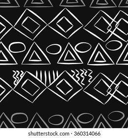 Seamless pattern, doodles,ellipses, bagels,quadrangles, triangles, horizontal. Hand drawn.