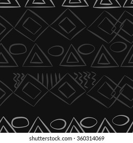 Seamless pattern, doodles,ellipses, bagels,quadrangles, triangles, horizontal. Hand drawn.