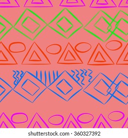 Seamless pattern, doodles,ellipses, bagels,quadrangles, triangles, horizontal. Hand drawn.