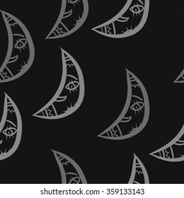 Seamless pattern, doodles,half moon, smile. Hand drawn.