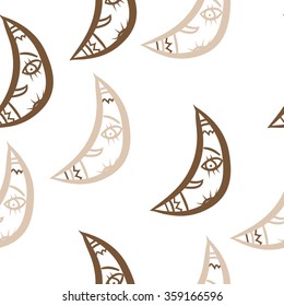 Seamless pattern, doodles,half moon, smile. Hand drawn.