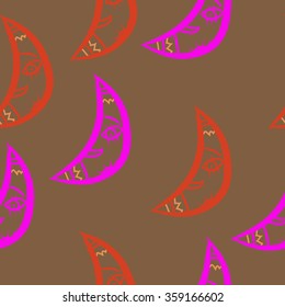 Seamless pattern, doodles,half moon, smile. Hand drawn.