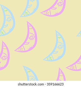 Seamless pattern, doodles,half moon, smile. Hand drawn.