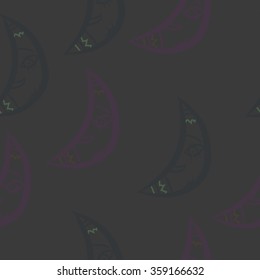 Seamless pattern, doodles,half moon, smile. Hand drawn.