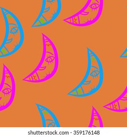 Seamless pattern, doodles,half moon, smile. Hand drawn.