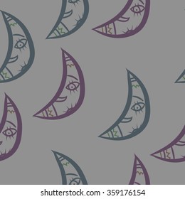 Seamless pattern, doodles,half moon, smile. Hand drawn.