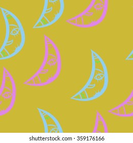 Seamless pattern, doodles,half moon, smile. Hand drawn.