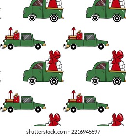 Seamless pattern of doodle-style cars. A pattern of green cars with New Year's gifts