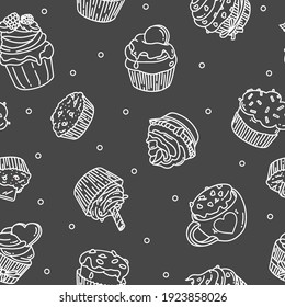 Patrón sin foco con quequitos de estilo doodle. Diferentes quequitos con diferentes rellenos y adornos. Borde blanco sobre fondo negro. Ilustración vectorial monocroma.