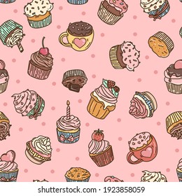 Seamless pattern with doodle-style cupcakes. Different cupcakes with different fillings and toppings. Colorful vector illustration on pink background.