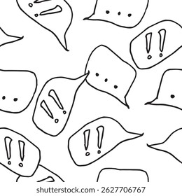 Seamless pattern with doodle-style speech bubbles. Black and white graphics with dots and exclamation marks make the design versatile for posters, packaging, notebooks, web design, and textiles.