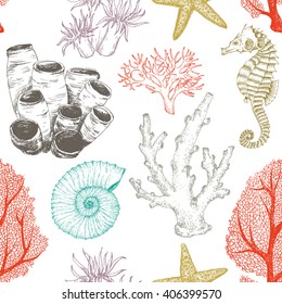 seamless pattern doodling, marine theme, corals, shellfish, graphic design, vintage wallpaper