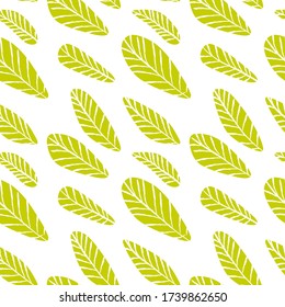 Seamless pattern with doodly green leafs isolated on white background. Suitable for textile designs, cards and wallpapers.