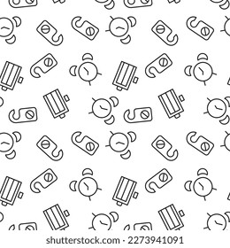 Seamless pattern of door hanger, alarm clock, elevator is made of line icons 